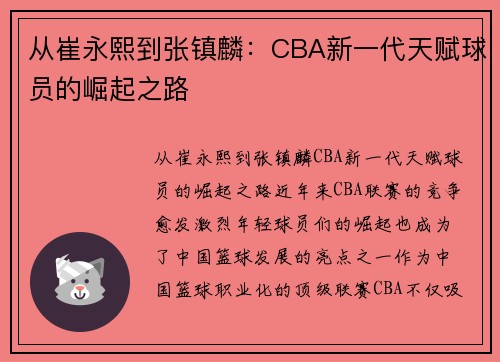 从崔永熙到张镇麟：CBA新一代天赋球员的崛起之路