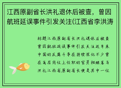 江西原副省长洪礼退休后被查，曾因航班延误事件引发关注(江西省李洪涛简历)