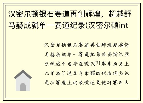 汉密尔顿银石赛道再创辉煌，超越舒马赫成就单一赛道纪录(汉密尔顿intra matic)