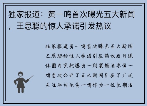独家报道：黄一鸣首次曝光五大新闻，王思聪的惊人承诺引发热议